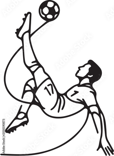 Football Player Doing Bicycle Kick Overhead Shot Vector Line Art