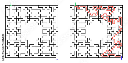 Foto Maze design with solution path highlighted in red lines