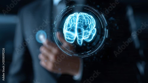 Businessman interacting with a futuristic holographic display of a human brain.