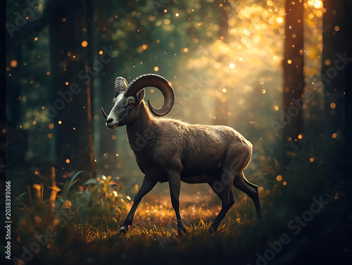 Elegant Aries ram walking through mystical forest with glowing particles, cinematic sunlight beams, realistic anatomy and fur details, vibrant green and amber color palette