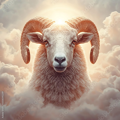 Powerful Aries ram portrait surrounded by soft clouds and celestial light, realistic wool texture, radiant warm orange and silver tones, dreamy fantasy style