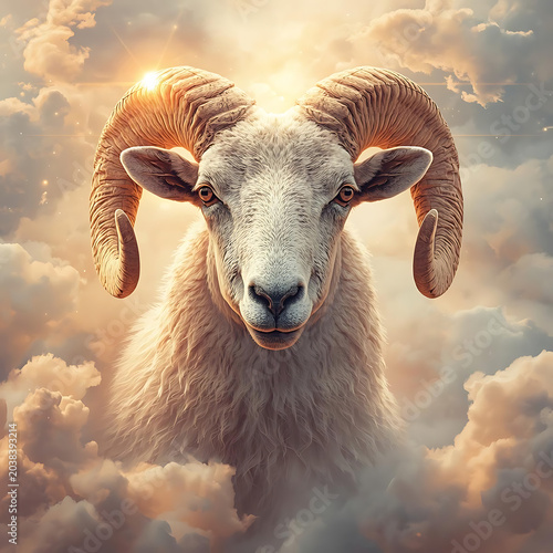 Powerful Aries ram portrait surrounded by soft clouds and celestial light, realistic wool texture, radiant warm orange and silver tones, dreamy fantasy style