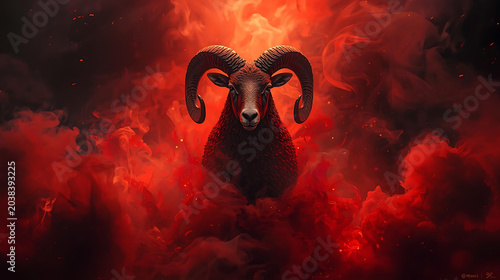 Powerful Aries ram surrounded by swirling fire and smoke effects, realistic fur and horn details, dramatic cinematic lighting, vibrant red and black contrast