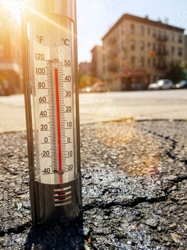 Close up of weather thermometer on scorching hot city asphalt indicating extreme summer heatwave