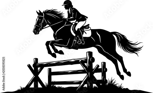 Foto Equestrian Rider Jumping Horse Over Wooden Fence Silhouette for Competitive Show