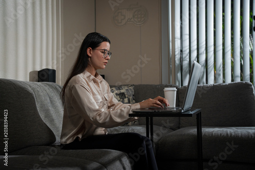 Woman sitting with laptop on sofa at home daytime showing modern remote work lifestyle and cozy home atmosphere