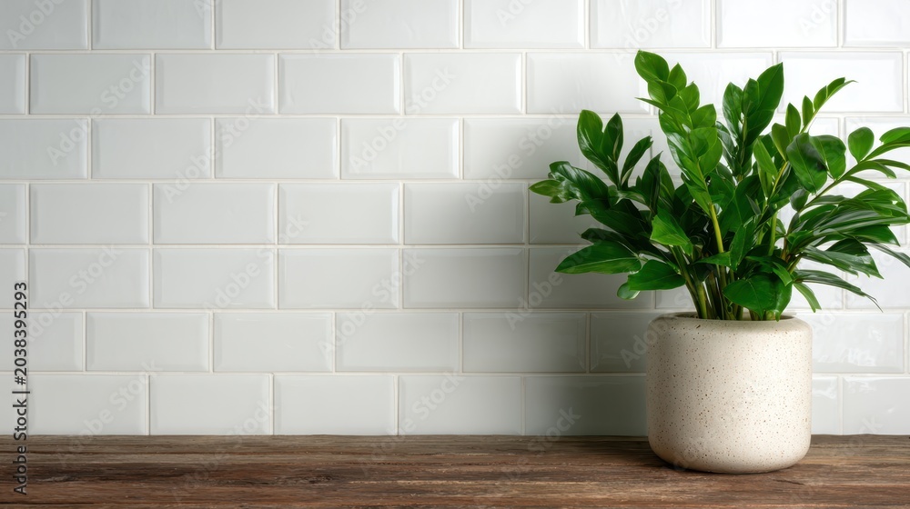 Fototapeta premium A lush green potted plant sits elegantly on a wooden table with a pristine white wall backdrop, symbolizing tranquility and the beauty of nature in modern decor.
