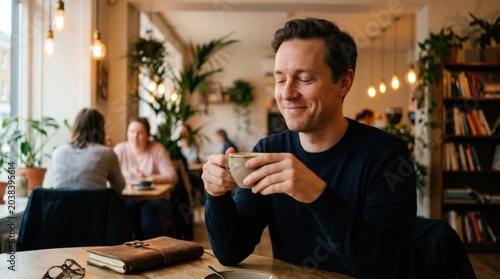Young man enjoying coffee in a cozy café with plants and warm lighting