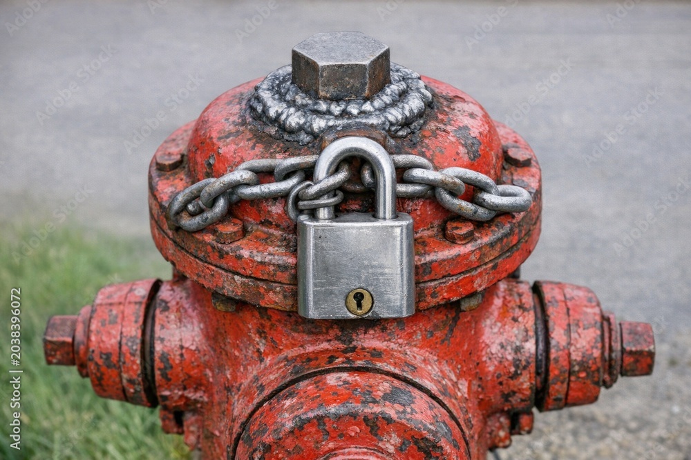 Fototapeta premium A red fire hydrant with a padlock attached, often used to secure access to water or firefighting equipment