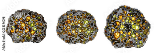 Set of pallasite meteorite fragments with olivine crystals isolated on transparent background