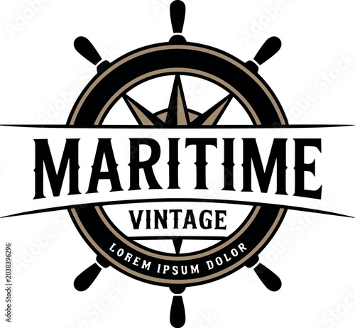 Vintage maritime logo emblem featuring a ship steering wheel with nautical compass elements for branding and apparel design