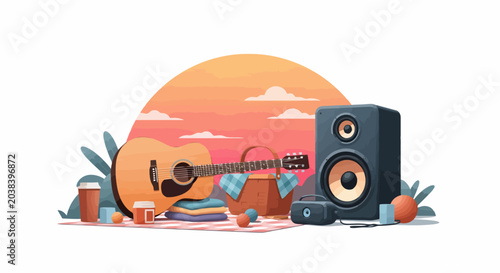 Acoustic guitar and speaker setup for outdoor music session.