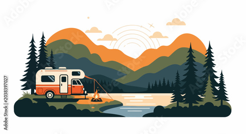 Campervan parked by serene lake with mountains backdrop.