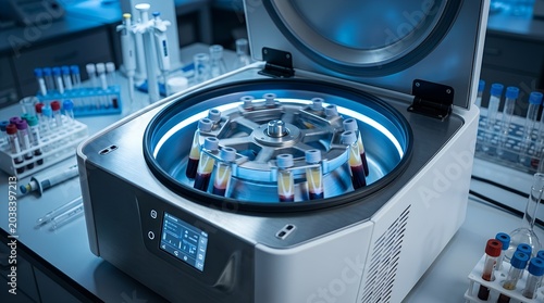 Modern laboratory centrifuge spinning labeled blood tubes inside a brightly illuminated rotor, surrounded by test racks and scientific equipment in a clean medical research workspace