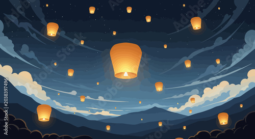Floating Sky Lanterns Illuminating the Night Sky.