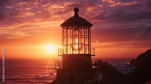 Majestic lighthouse silhouetted against a vibrant sunset over the ocean, casting a warm glow.