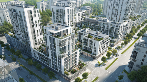 Aerial view of a modern residential complex with contemporary white apartment buildings and green rooftops.