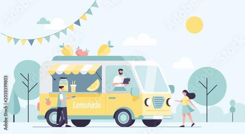 Yellow Food Truck Serving Refreshing Drinks to Customers.