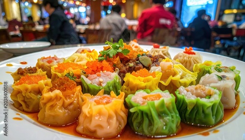 An abundant platter of assorted dim sum delights, showcasing colorful dumplings and savory fillings, presented sumptuously in a lively restaurant setting.