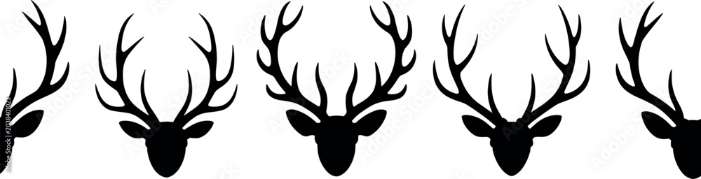 Fototapeta premium Black deer head silhouette seamless pattern with realistic antlers and stag horn elements for hunting backgrounds and textile design