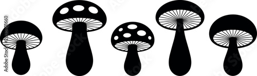Canvastavla Black mushroom silhouette icons set with wild fungus gills and toadstool cap ele