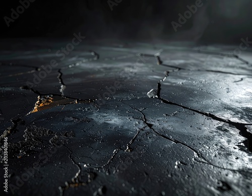 Cracked black surface with water droplets and golden highlights.
