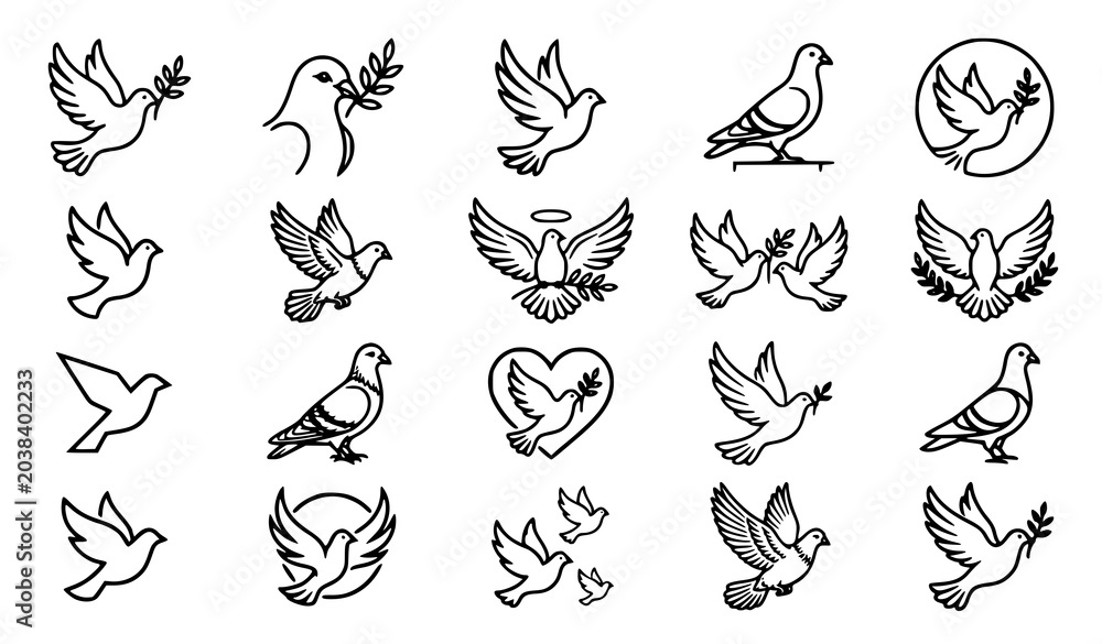 Obraz premium Peace Dove and Flying Bird Icon Set Featuring Winged Animal Symbols, Freedom Concepts and Decorative Black Outline Vector Illustration Collection