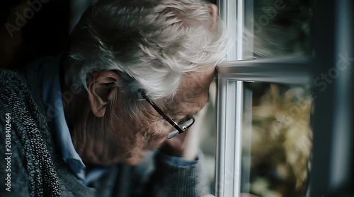 Elderly man with glasses looking out a window with a pensive expression.