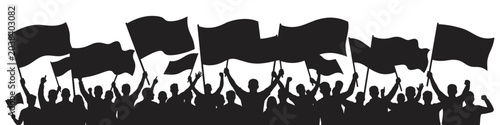 crowd of people waving large flags silhouette on transparent background