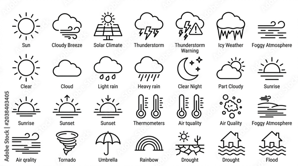 Fototapeta premium Comprehensive set of diverse weather and climate web icons in clean line style, illustrating various atmospheric phenomena and environmental conditions for digital interfaces.