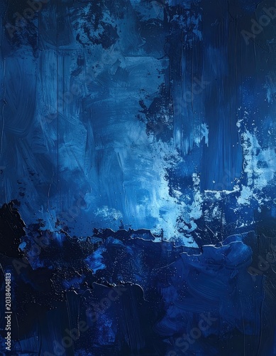 An abstract painting in various shades of deep blue with textured brushstrokes.