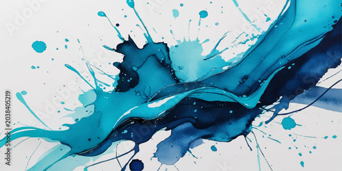 A clean and transparent blue water splash with liquid drops and wave motion creates a beautiful watercolor ink paint design isolated on a white background