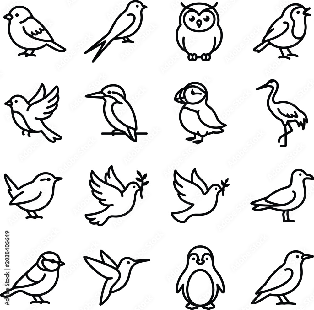 Obraz premium Collection of minimalist bird outline icons featuring diverse species including owl, dove, penguin, and hummingbird in clean modern vector art style