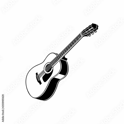 An acoustic guitar is a classic wooden string instrument isolated on a white background, ready to play classical music or jazz
