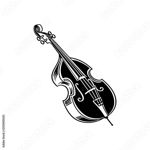 An isolated vector illustration of a classical violin and guitar, featuring a wooden musical string instrument with a bow for an orchestra or concert