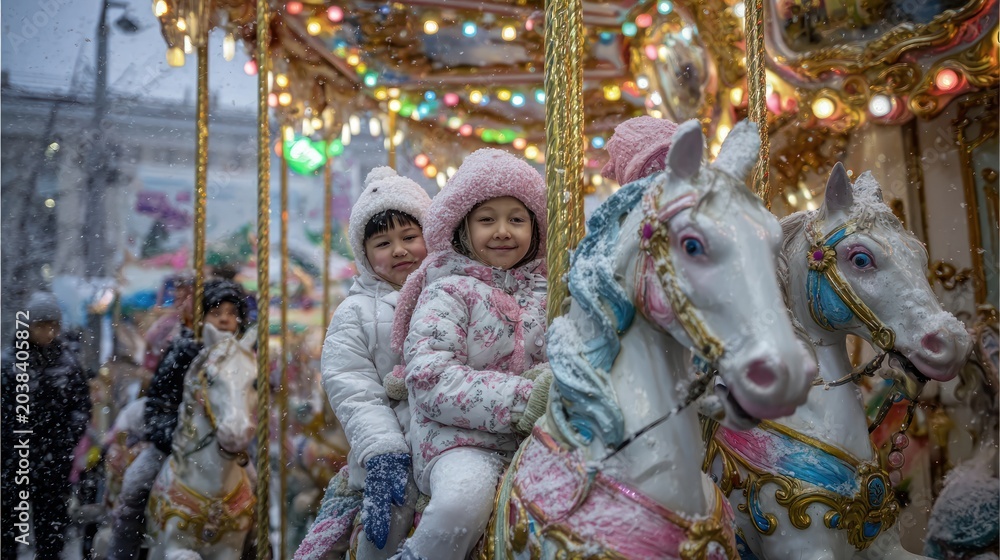 Fototapeta premium Children Riding Carousel Horses in Snowy Winter Fairground with Colorful Lights