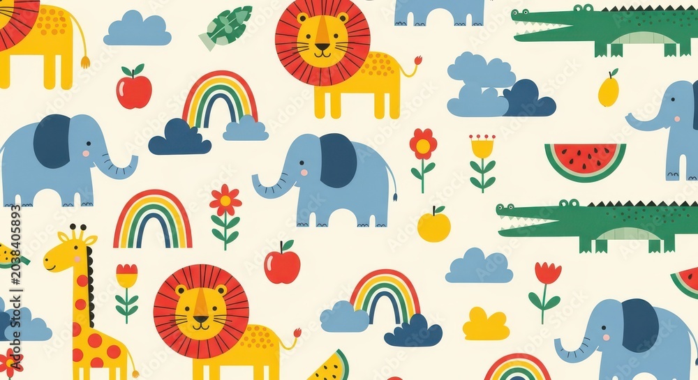 Naklejka premium Cute Seamless Pattern with Cartoon Safari Animals, Rainbows, and Fruits for Kids Nursery Decor and Textile Design