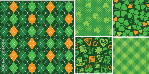 Fotografía Saint Patricks Day Seamless Pattern Collection with Irish Clover and Argyle Desi