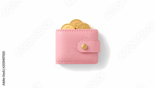 3D render of a pink leather wallet with gold coins isolated on white background