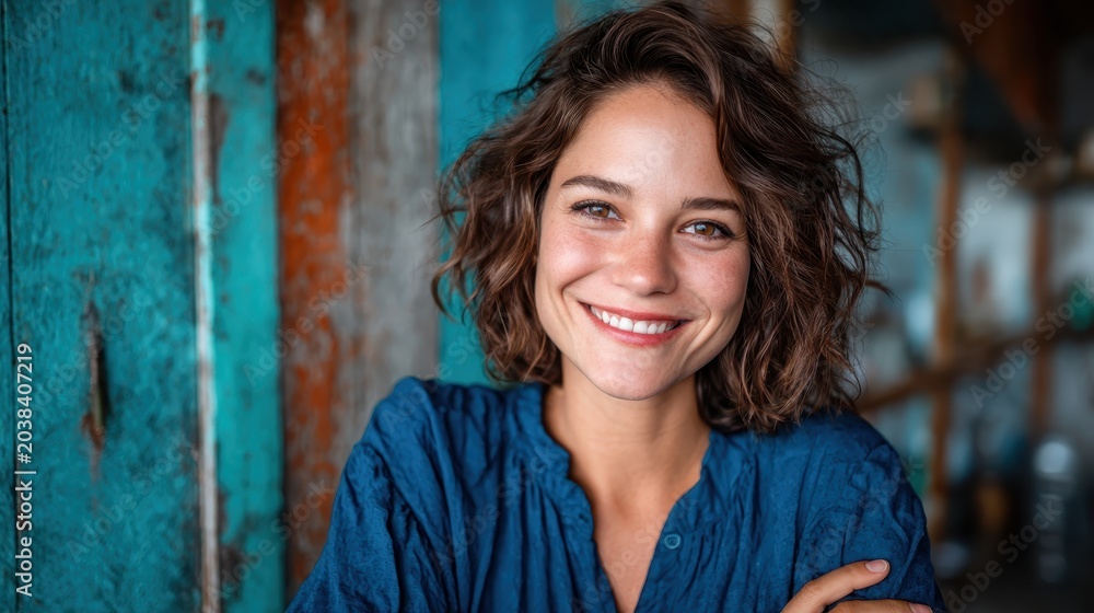 Fototapeta premium A joyful woman wearing a blue blouse smiles brightly against a rustic wooden backdrop, showcasing her exuberant personality and inviting warmth, creating a friendly atmosphere.
