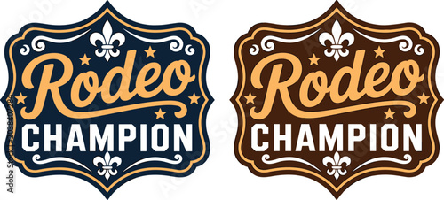 Vintage vector rodeo champion typography emblem featuring decorative western frame borders ornament and stars for cowboy theme branding designs