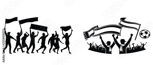Tableau sur toile Soccer fans and protesters silhouette vector illustration holding banners and flags set