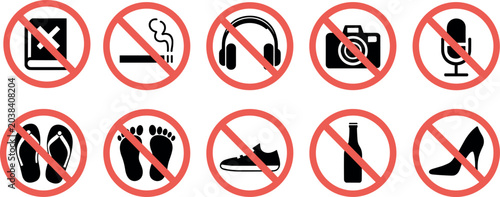 Prohibition signs vector icon set with no smoking no camera no shoes and no drinks restriction symbols isolated on white background