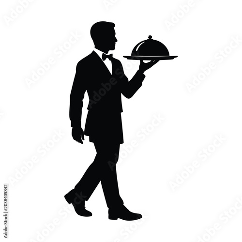 Elegant waiter in tuxedo carrying covered dish during formal event Vector Silhouette Isolated on white background