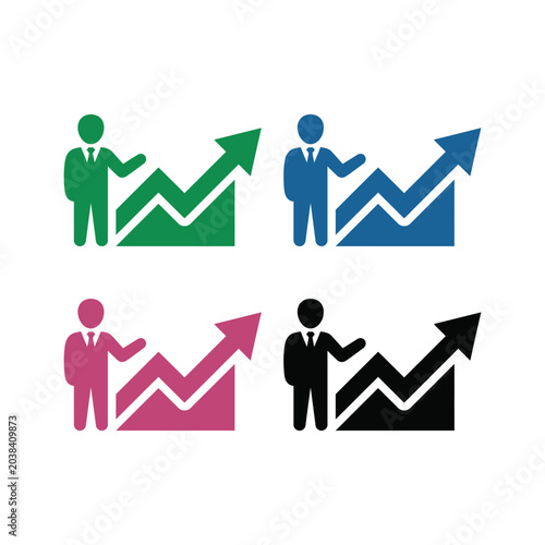 Businessmen presenting upward financial growth charts in colorful silhouettes isolated on white background