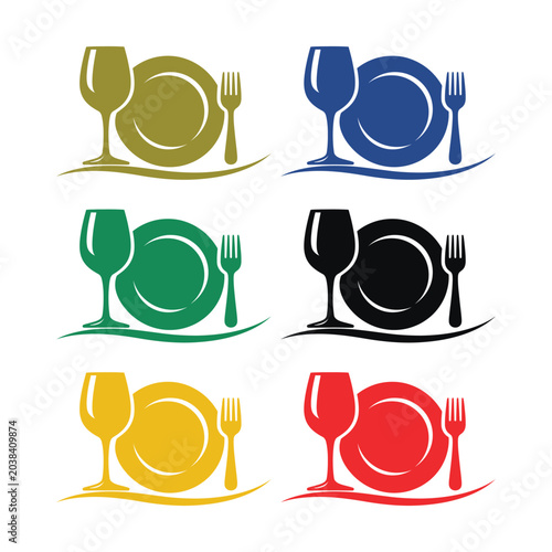Set of colorful plate wine glass and fork icons during mealtime concept Isolated on white background