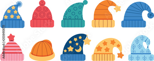 Фотография Vector winter beanie hat and sleeping cap icon collection featuring colorful kni