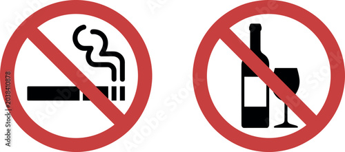 Vector prohibition sign set featuring red warning circles with no smoking cigarette and no alcohol bottle and wine glass icons