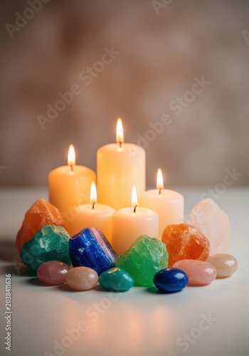 Natural arrangement of mineral salt crystals, healing stones, and soft ivory pillar candles creating a warm, cozy glow suitable for spa and therapy settings, light, flame, therapy