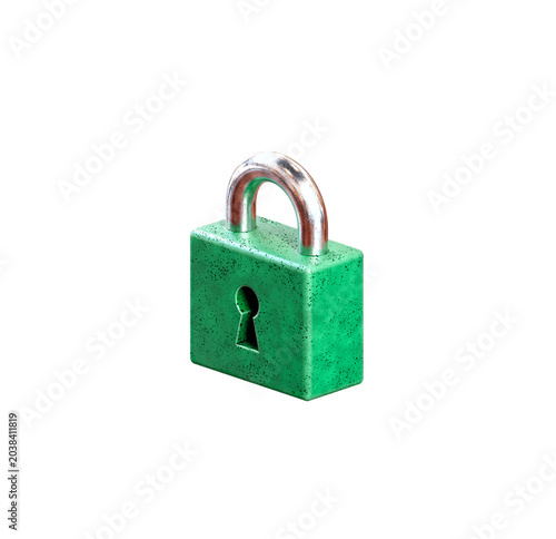 Green 3D padlock. Rustic texture, metallic shackle. Keyhole on transparent background. Cybersecurity, privacy protection, secure access, data safety authentication, lock icon. Website app interface UI